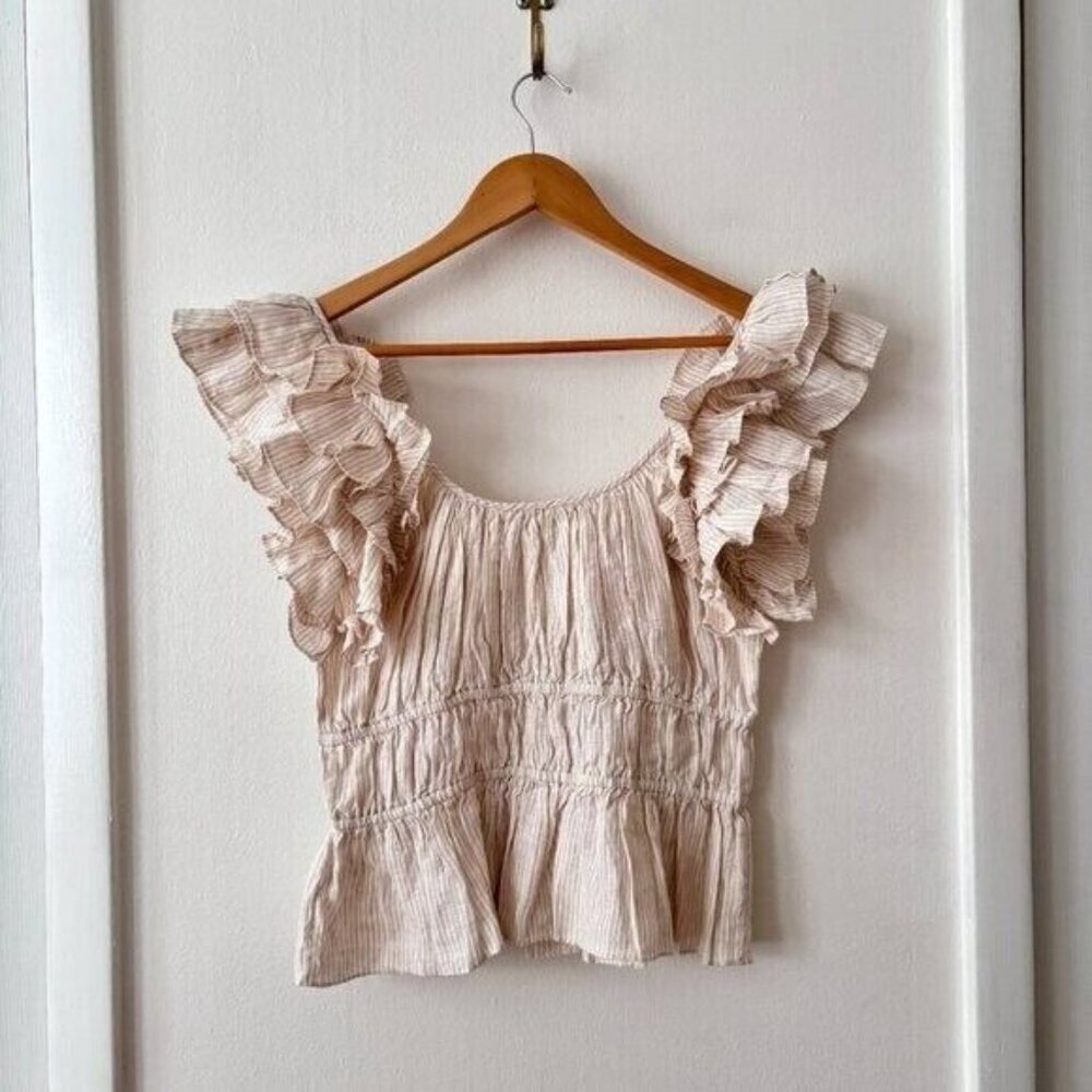 Ulla Johnson Paloma Ruffled Peplum Linen Top Neutral Sand - Picture 11 of 12